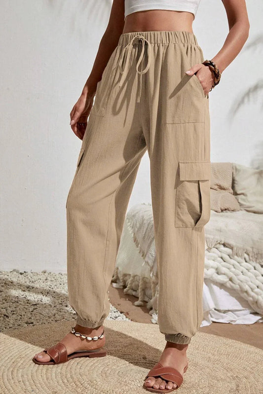 Pale Khaki Solid Color Pocket Cargo Pants - minbolu -