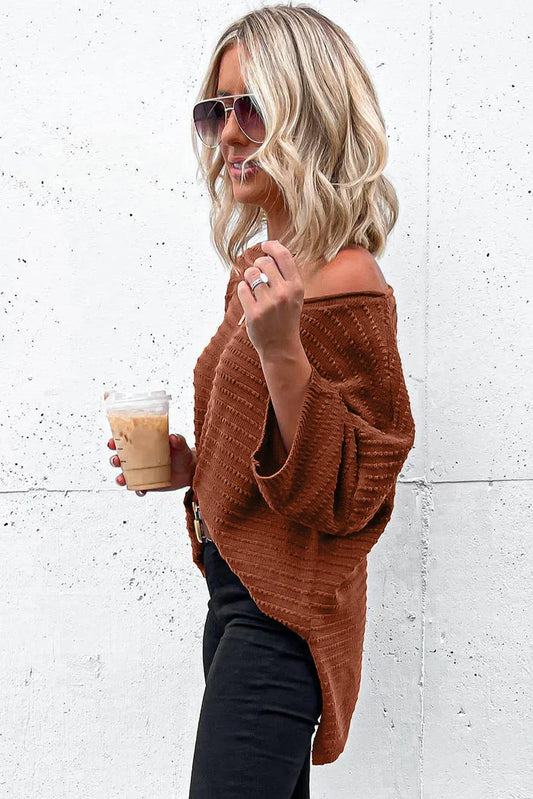 Brown Solid Color Rib-Knit Drop Sleeve Side Slits Top - minbolu -
