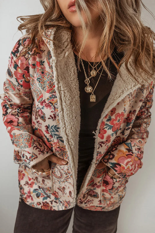 Beige Vintage Paisley Floral Printed Sherpa Lined Hooded Jacket - minbolu -