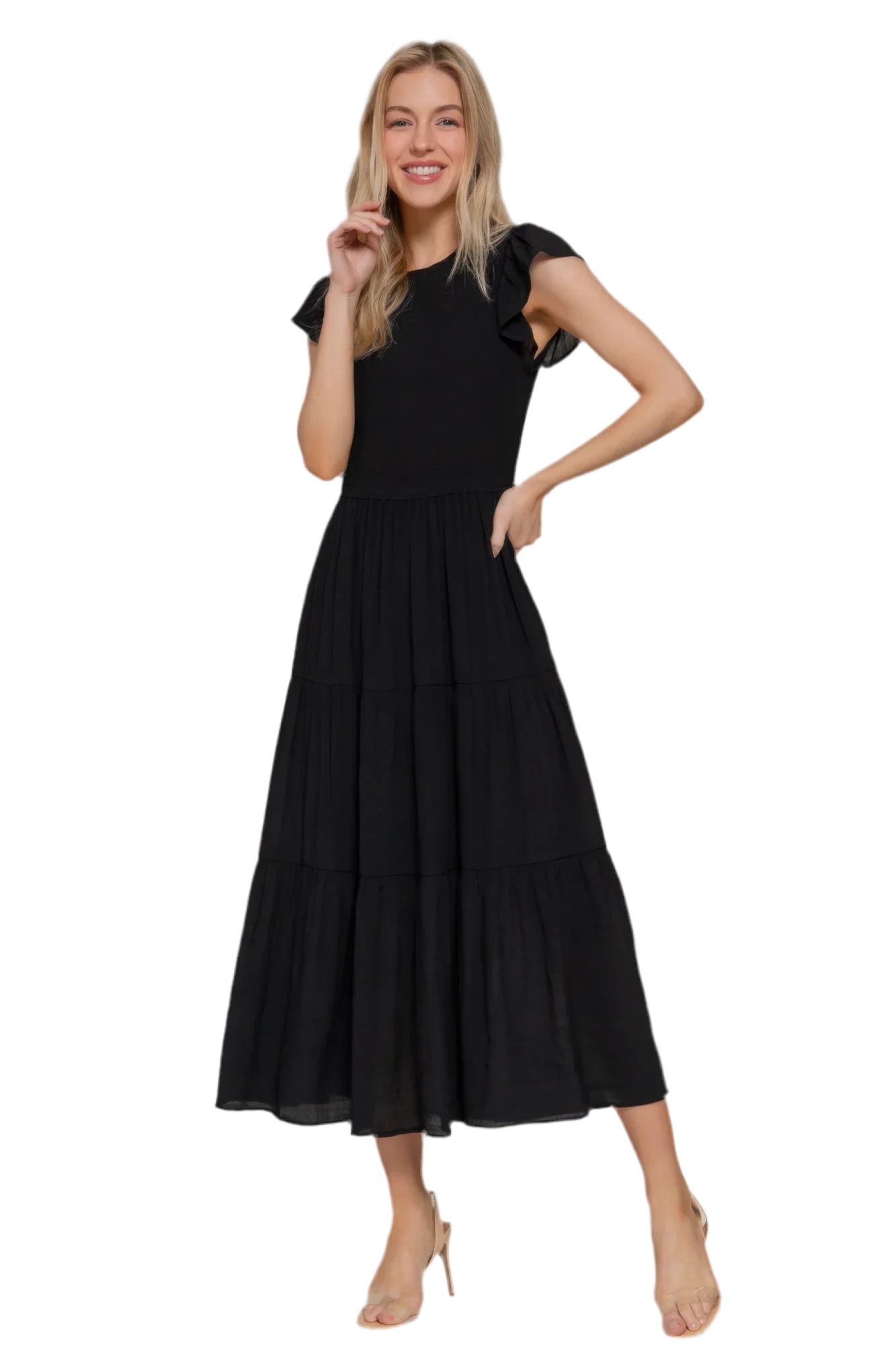 Ruffle Sleeve Smocked Solid Tiered Dress - minbolu -