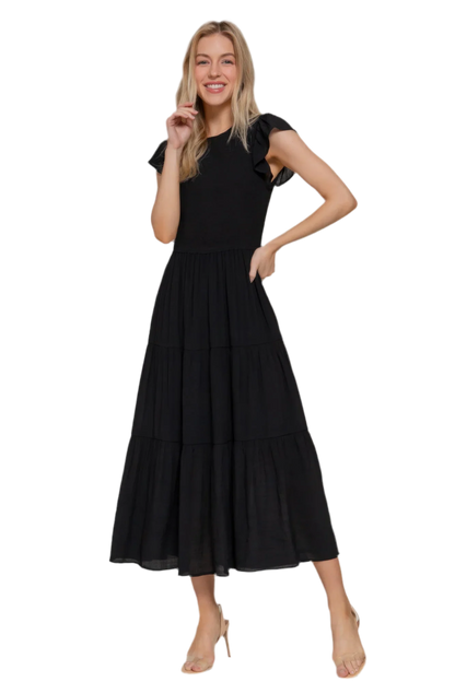 Ruffle Sleeve Smocked Solid Tiered Dress - minbolu -