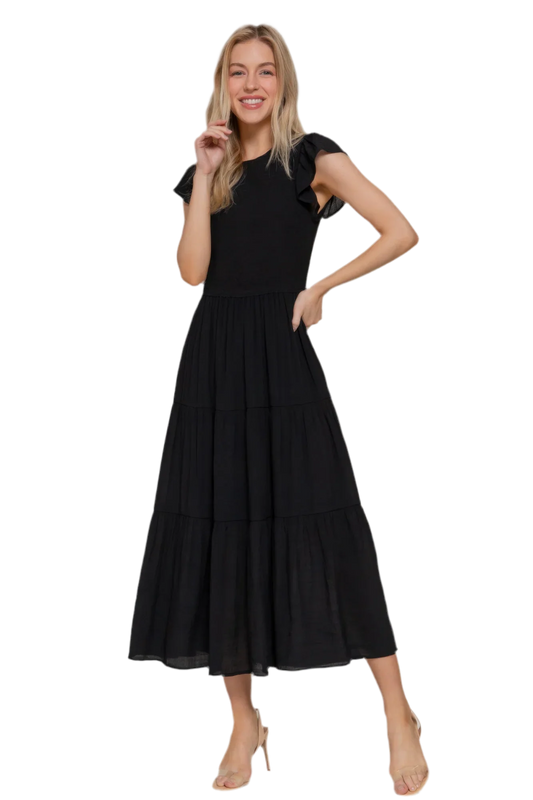 Ruffle Sleeve Smocked Solid Tiered Dress - minbolu -
