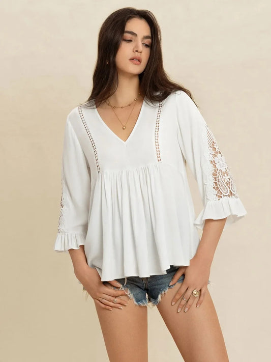 V-Neck Lace Flounce Sleeve Top - minbolu -