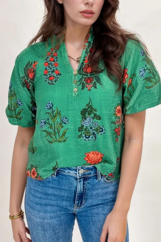 Floral Print Notched Short Sleeve Blouse - minbolu -