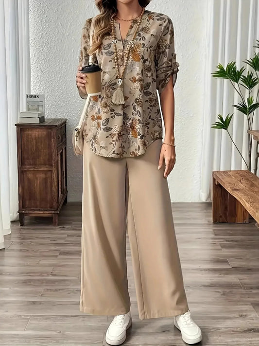 Printed Notched Long Sleeve Top and Pants Set - minbolu -