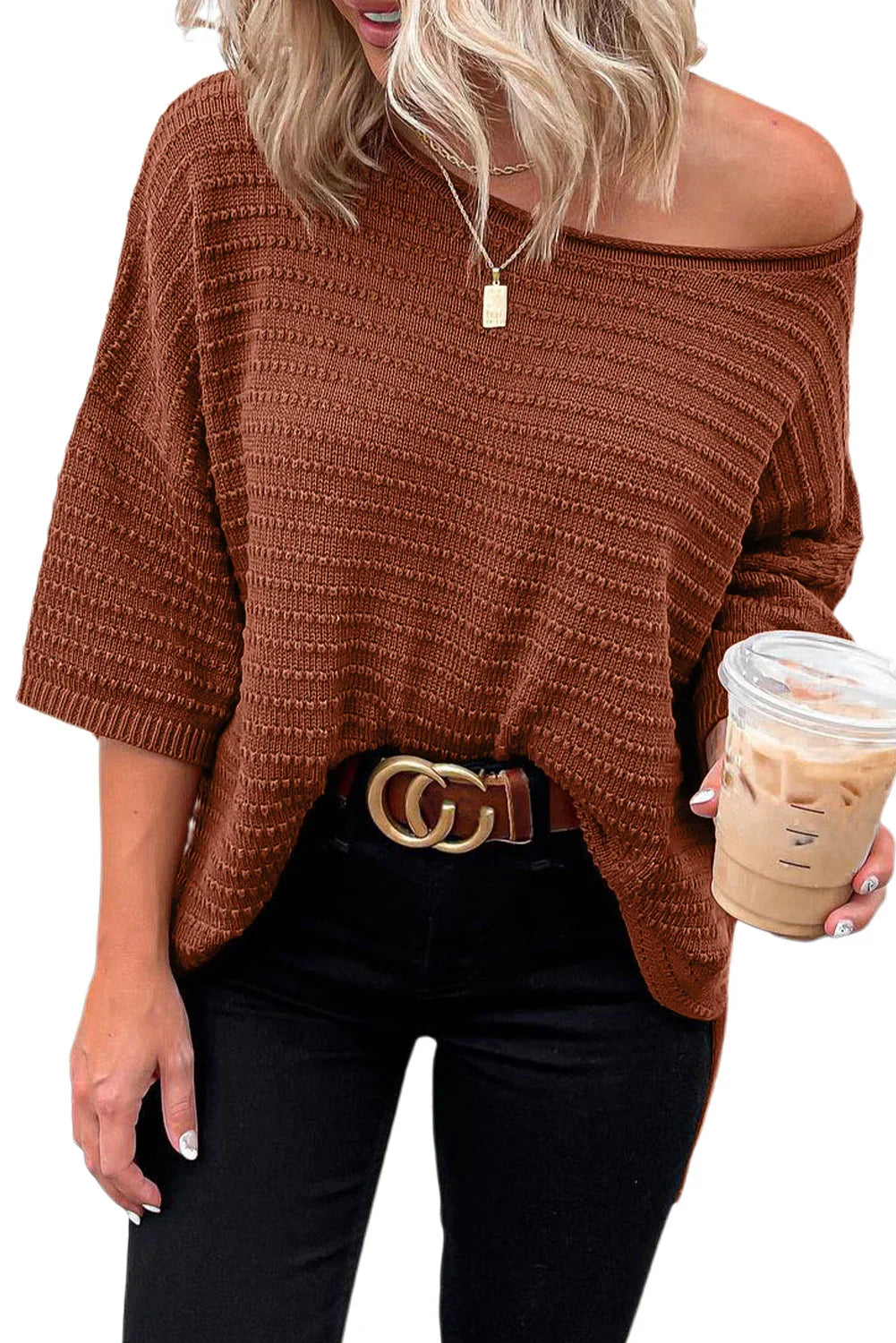 Brown Solid Color Rib-Knit Drop Sleeve Side Slits Top - minbolu -