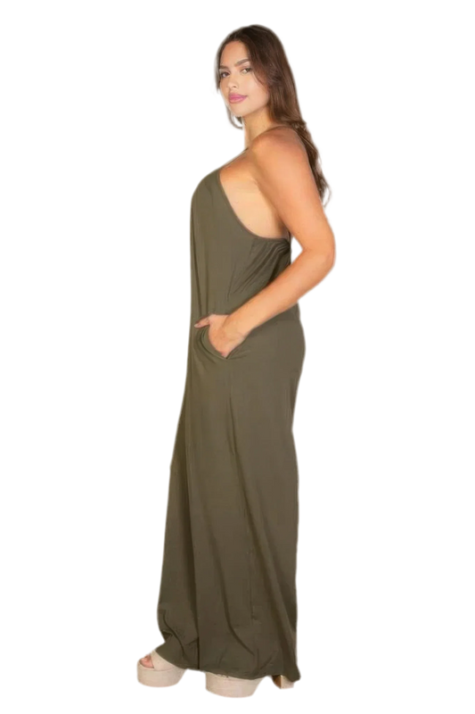 Plus Olive Wide Leg Jumpsuit - Relaxed Fit - minbolu -
