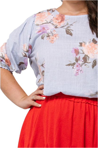 Floral Printed Woven Blouse - Spring Blue - minbolu -