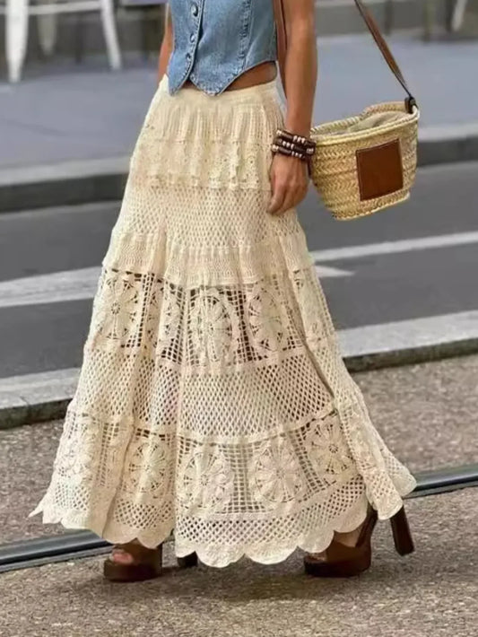 Openwork Crochet Maxi Skirt - minbolu -