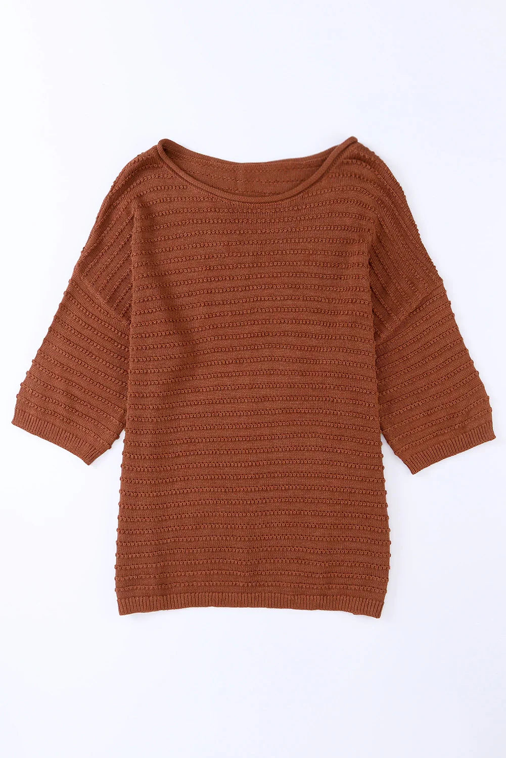 Brown Solid Color Rib-Knit Drop Sleeve Side Slits Top - minbolu -