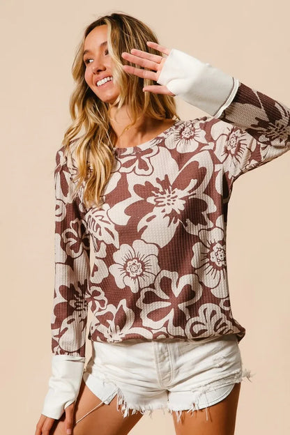 Women's Long Sleeve Top - BiBi Flower Printed Waffle Thumb Opening Boho Long Sleeve Top - minbolu -