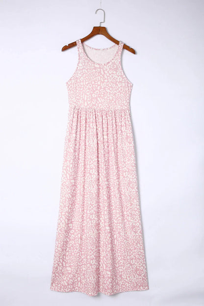 Pink Sleeveless Floor Length Leopard Print Dress with Pockets - minbolu -