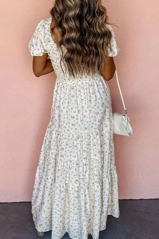 Floral Smocked Maxi Dress with Puff Sleeves - minbolu -