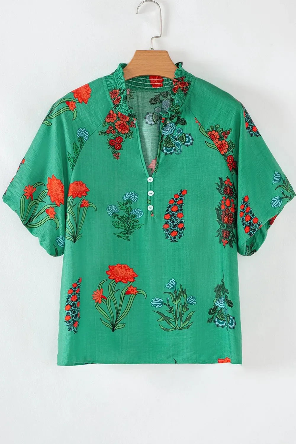 Floral Print Notched Short Sleeve Blouse - minbolu -