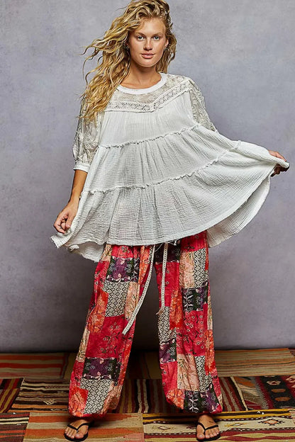 POL Lace Detail Tiered Round Neck Half Sleeve Blouse - minbolu -
