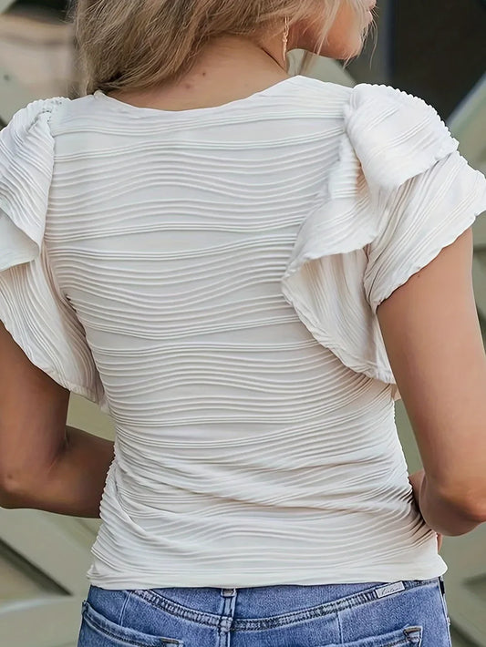 Full Size Ruffled Round Neck Cap Sleeve Blouse - minbolu -