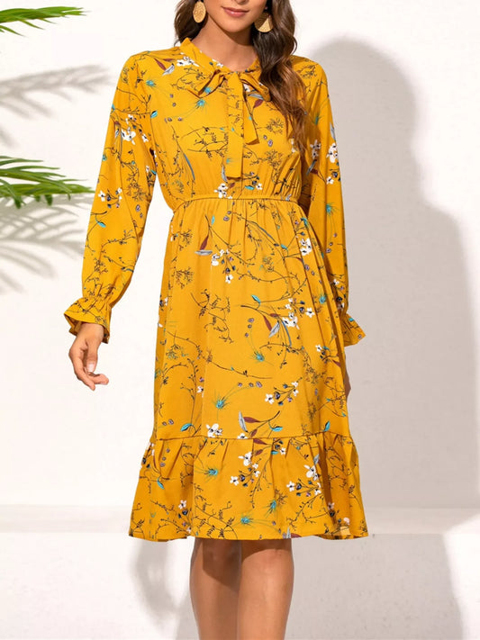 Ruffled Hem Floral Print Knee-Length Long Sleeve Dress - minbolu -