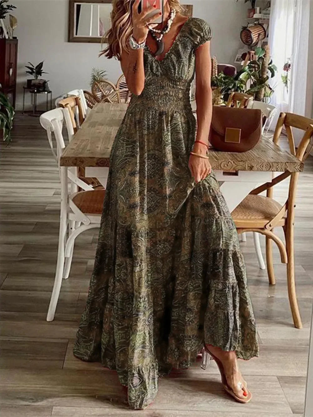 Full Size Smocked Printed V-Neck Short Sleeve Dress - minbolu -