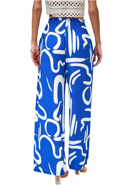 Printed Wide Leg Smocked Pants with Pockets - minbolu -