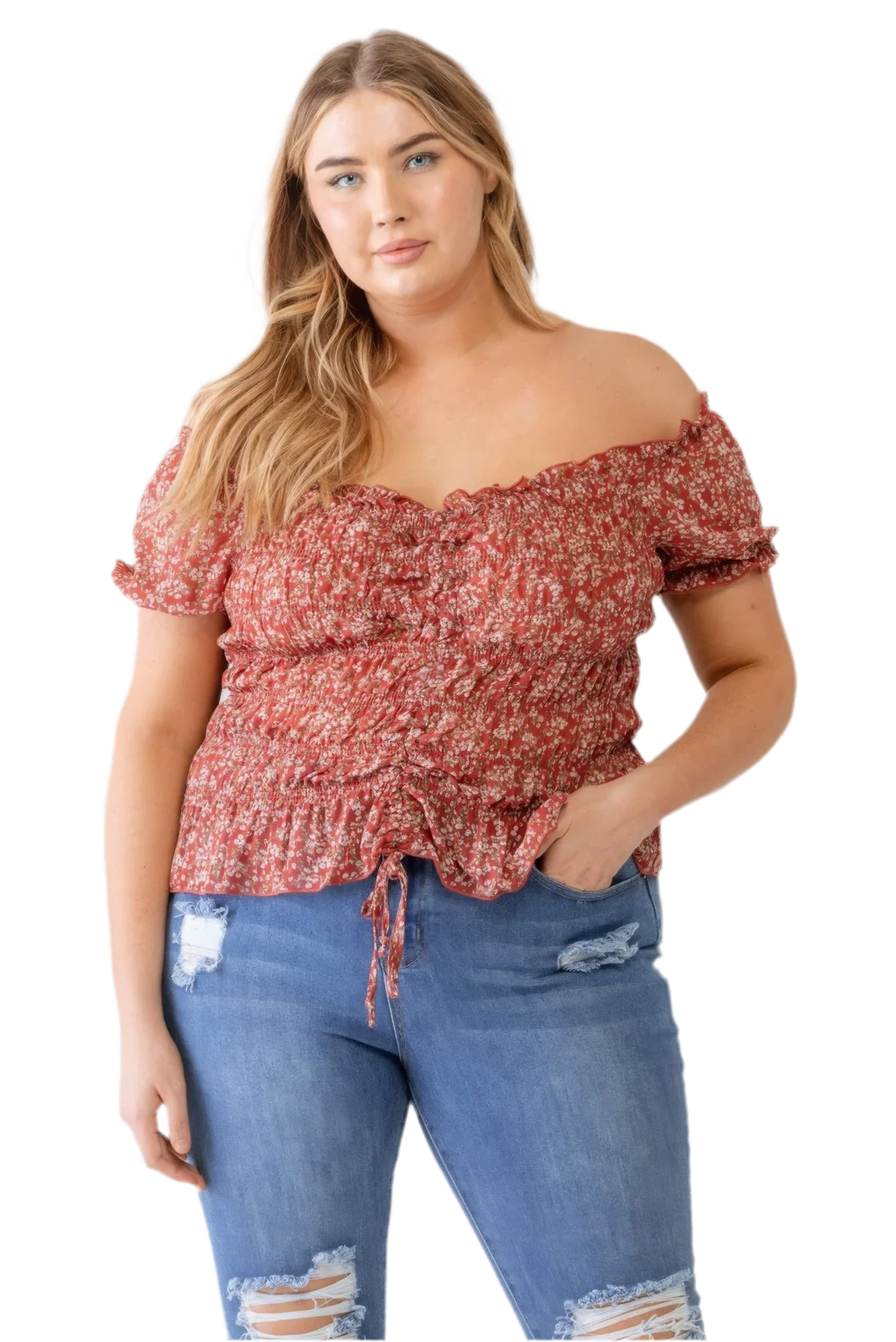 Plus Floral Chiffon Ruched Off-Shoulder Top - Red - minbolu -