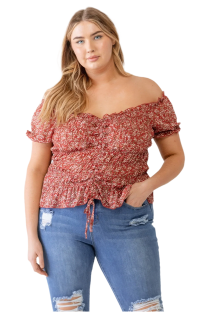 Plus Floral Chiffon Ruched Off-Shoulder Top - Red - minbolu -