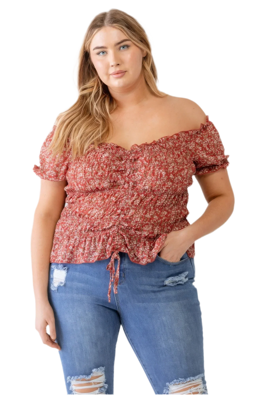 Plus Floral Chiffon Ruched Off-Shoulder Top - Red - minbolu -