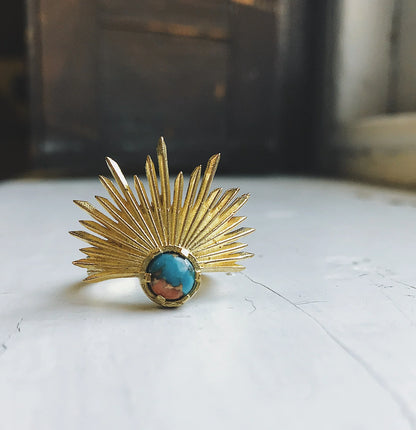 Sun Goddess Ring with Copper Oyster Turquoise - minbolu -