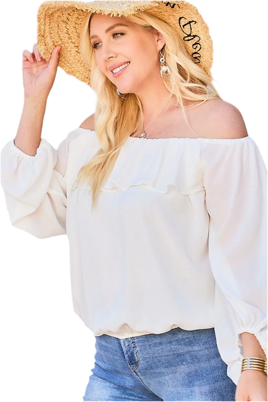White Off Shoulder Ruffle Bubble Sleeve Top - minbolu -