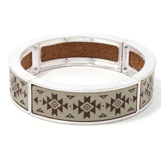 Aztec Pattern Metal Stretch Bracelet: Beige - minbolu -