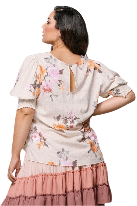 Floral Printed Woven Blouse in Oatmeal - minbolu -