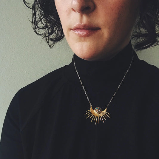 Sun Goddess Necklace - Sun Pendant with Copper Oyster Turquoise - minbolu -