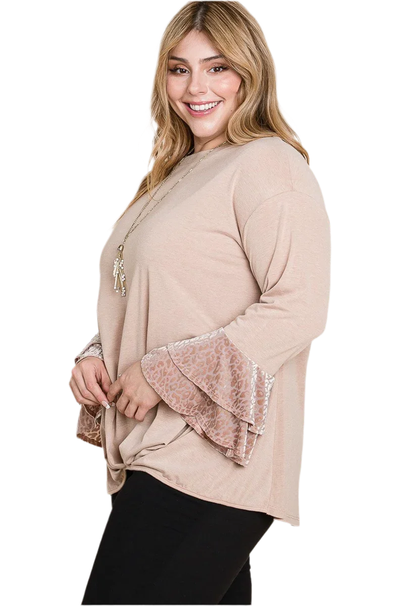 Plus Size Two Tier Velvet Animal Mesh Sleeves Top - minbolu -