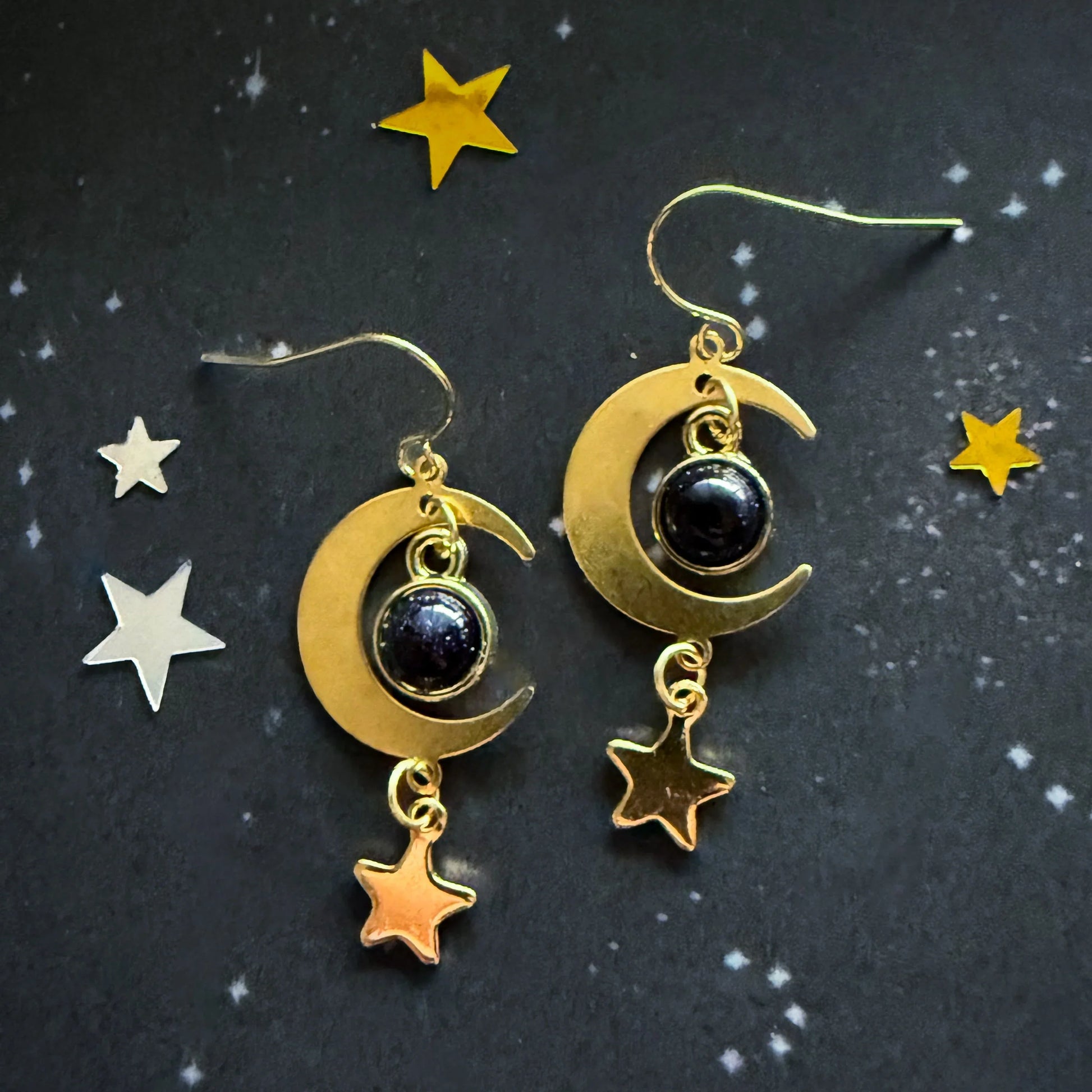Starlit Crescent Earrings with Blue Sandstone - minbolu -