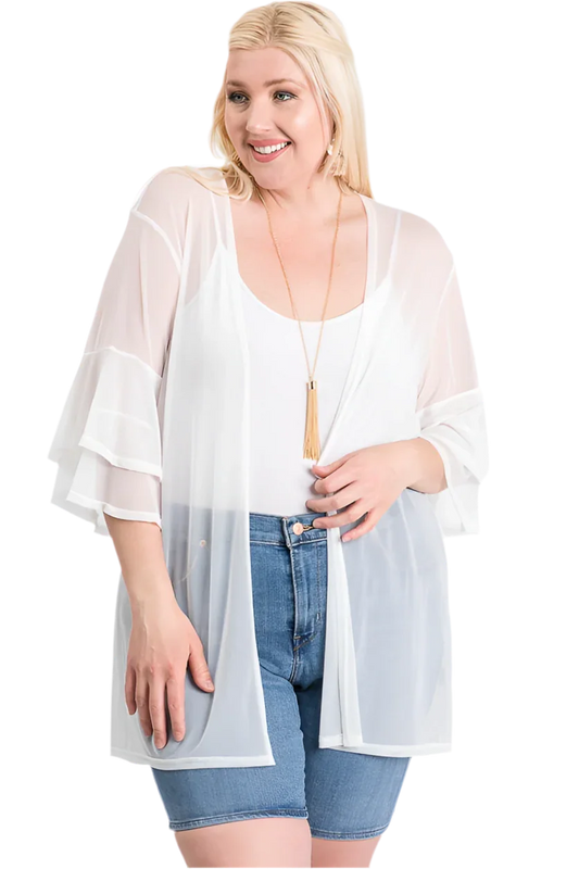 Ruffle Sleeve Open Cardigan Ivory 1XL 2XL 3XL - minbolu -