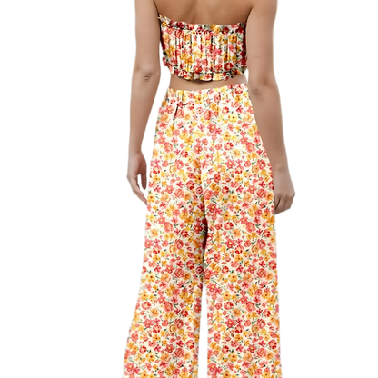 Boho Bloom Bandeau Top & Wide-Leg Pants Set - minbolu -
