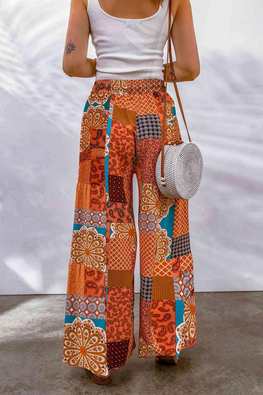 Bohemian Patchwork Drawstring Wide Leg Pants - minbolu -