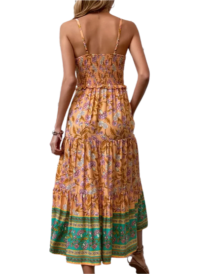 Boho Square Neck Midi Dress - minbolu -
