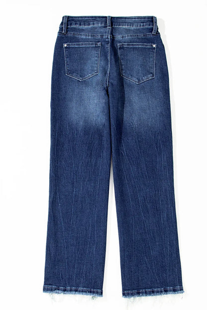 Sail Blue Mineral Wash Raw Hem High Waist Flared Jeans - minbolu -