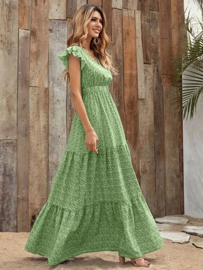 V-Neck Ruffled Cap Sleeve Prairie Maxi Dress - minbolu -