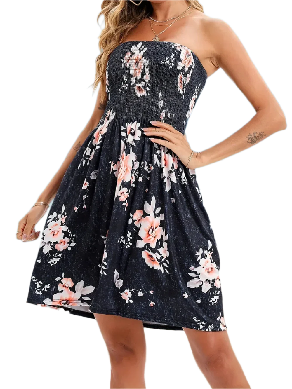 Smocked Printed Tube Mini Dress - minbolu -