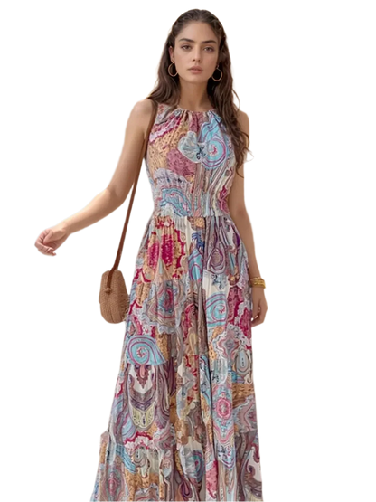 Flatter Me Boho Halter Neck Maxi Dress: Blue Flower - minbolu -