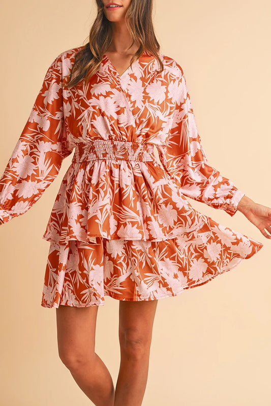 Brown Floral Puff Sleeve Shirred Waist Layered Dress - minbolu -