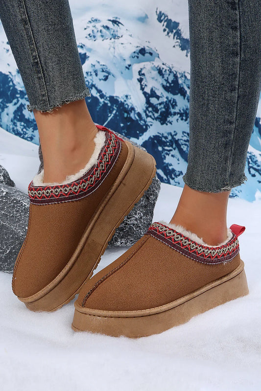 Chestnut Suede Contrast Print Round Toe Plush Lined Flats - minbolu -