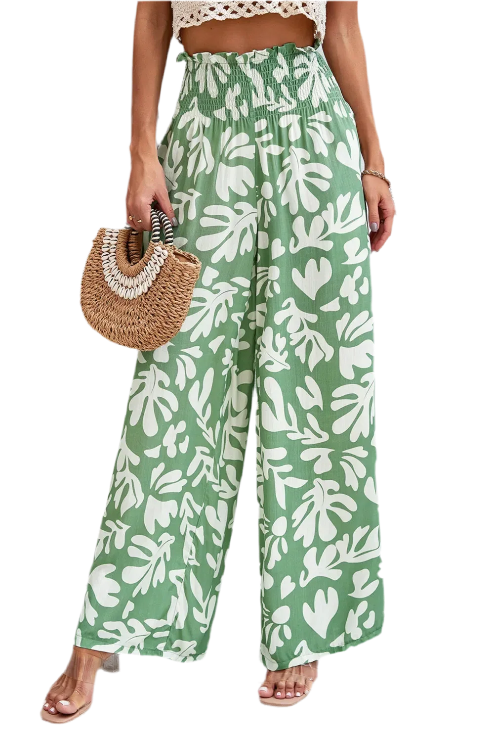 Printed Wide Leg Smocked Pants with Pockets - minbolu -