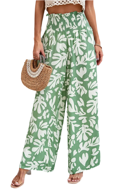 Printed Wide Leg Smocked Pants with Pockets - minbolu -