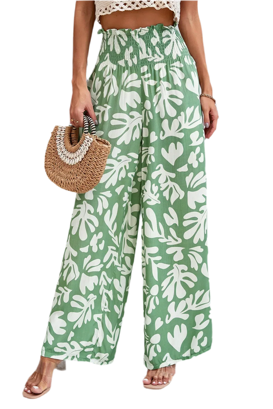 Printed Wide Leg Smocked Pants with Pockets - minbolu -