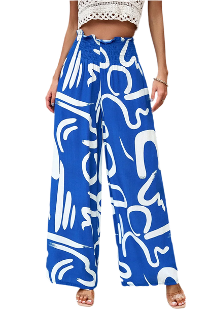 Printed Wide Leg Smocked Pants with Pockets - minbolu -