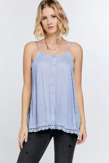 Boho Scallop Lace Trim Detailed Button Down Solid Subtle Textured Slit Side Overlay Layered Cami Top - minbolu -