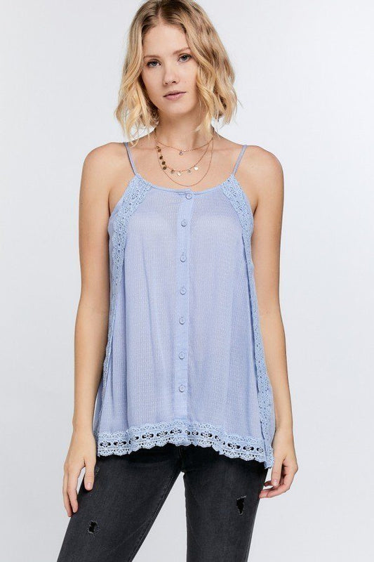 Boho Scallop Lace Trim Detailed Button Down Solid Subtle Textured Slit Side Overlay Layered Cami Top - minbolu -