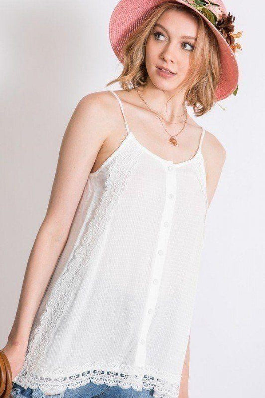Boho Scallop Lace Trim Detailed Button Down Solid Subtle Textured Slit Side Overlay Layered Cami Top - minbolu -